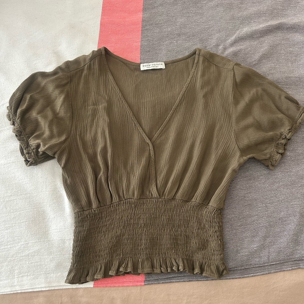 Zara Khaki V-Neck Smocked Blouse